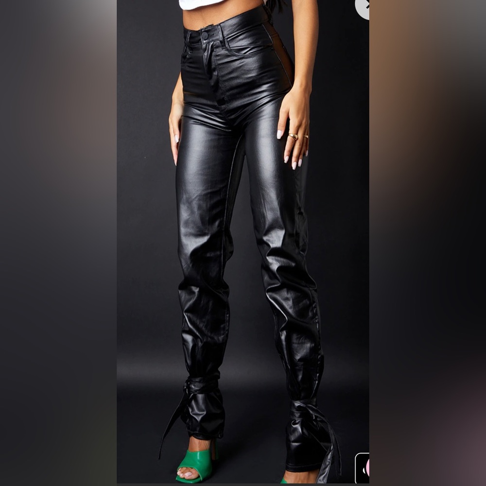 PLT Black Tied Hem Coated Straight Leg Pant
